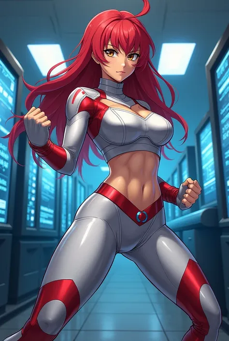 My Hero Academia Style , Anime girl, female, young female ,Full Body Shot,(Fighting pose:1.3),Long hair, Red Hair,  Brown Eyes,Hero Suit, Full Body Suit, Silver suit with Red and Blue details,perfect anatomy,  Toughened Abs,super detailed,(Computer room)