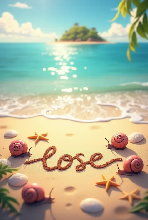 Of course,  lets make this beach image more vivid and interesting !  Here are some ideas for adding the elements you mentioned :
 Adding Small Details :
 * Snail:  Add some snails of different sizes and colors around the inscription  "rose"  and between ro...