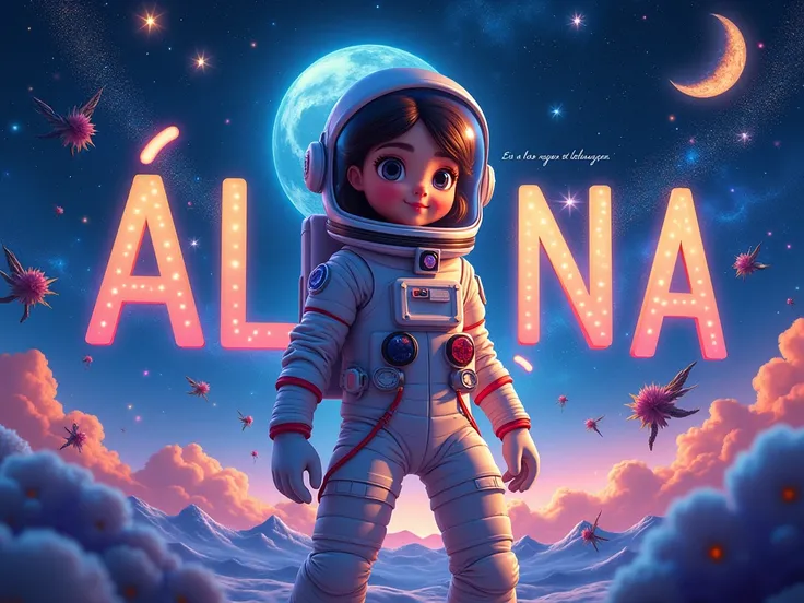 Create a poster extremely detailed of astronaut with letter-by-letter writing le prénom "ALINA" en français. dans un style Disney 4D. LÉCRITURE DOIT ÊTRE BIEN VISIBLE. 
Thème ciel et étoiles