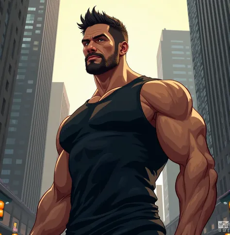  The picture is a digital illustration of a macho man standing in the street. The man wears a black tank top that says the man has short dark hair and beard and looks to the side with a serious expression on his face.  cars that appears to be in his late t...