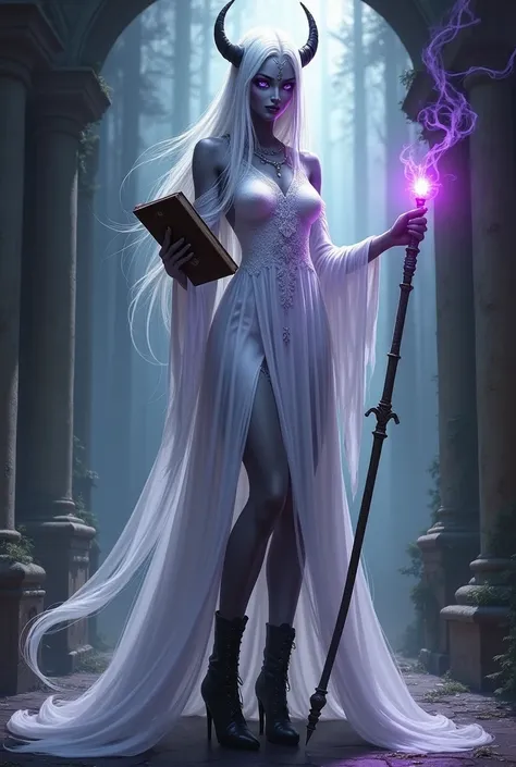 The Drow, coludia ,  flashlight,  violet eyes, white semi-transparent dress with patterns, leather heeled boots, dark skin,  grimoire in the left hand , staff in the right hand ,  white long hair 