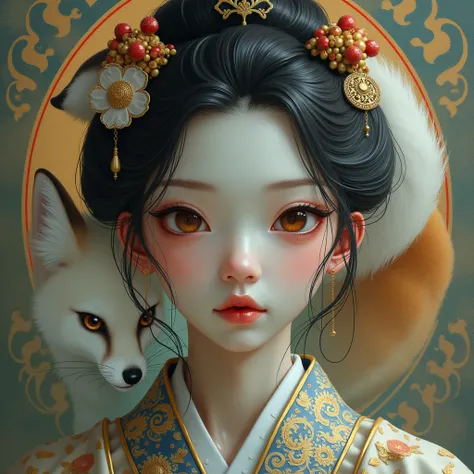 prompt: highly detailed and realistic digital painting with fantasy elements and traditional Japanese influences, focusing on an intricately rendered face of a central female figure in a kimono, with a mystical fox, swirling patterns, and soft lighting.