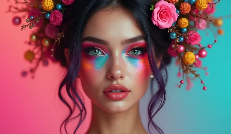  hyperrealistic image of a beautiful woman wearing makeup for a makeup contest, bright colors ,surreal and decorated hair like youve never seen .limelight