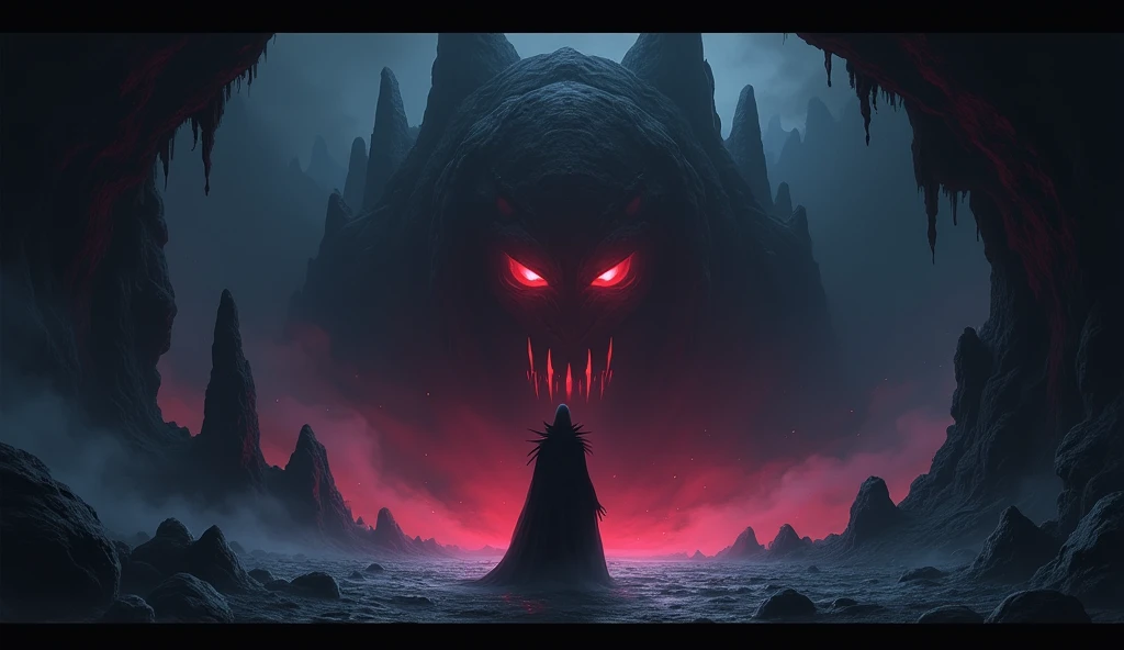  The background changes to a dark abyss . in the center, a cave with pointed rocks ,  and a dark and dense aura surrounds the place .  Azrath appears as a shady figure with bright red eyes.  anime style