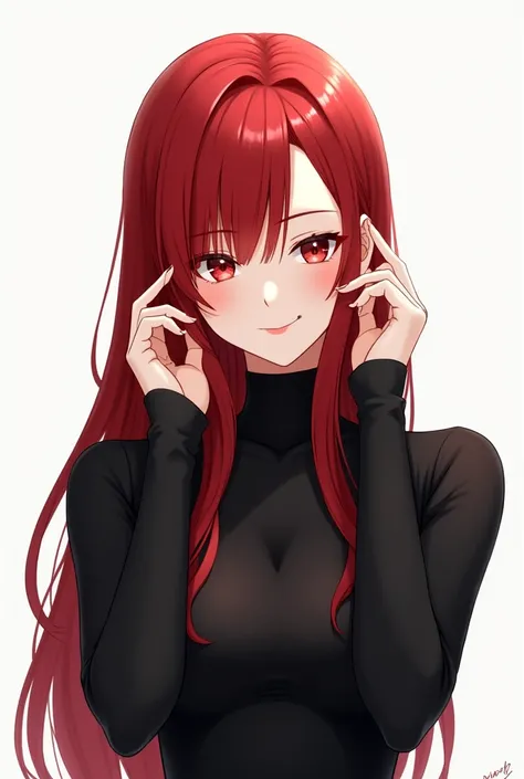  high image quality、 has a white background、 long sleeve black knit 、 black knit dress 、Anime Women、 one woman、 long red hair 、 long haired girl 、Vermilion hair 、 red hair、左Swept-back bangs、Long bangs、Swept-back bangs、 straight hair、Double teeth、 white ski...