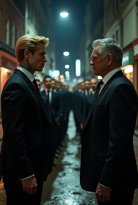  Men dressed in black suits .

 A group on one side and another group on the other, ambos estão  face to face , Rivals , mafiosos Rivals , Enemy,  face to face  ,  they are in an urban area , night, armed, ((The leader is a handsome blond man with tattoos ...