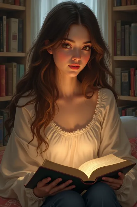 woman, , long brown hair, white, likes to read. Estilo heartstopper.