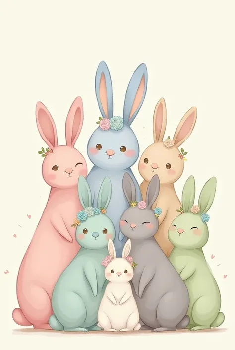 drawing of a group of 6 bunnies of the same size with different colors and hair ornaments