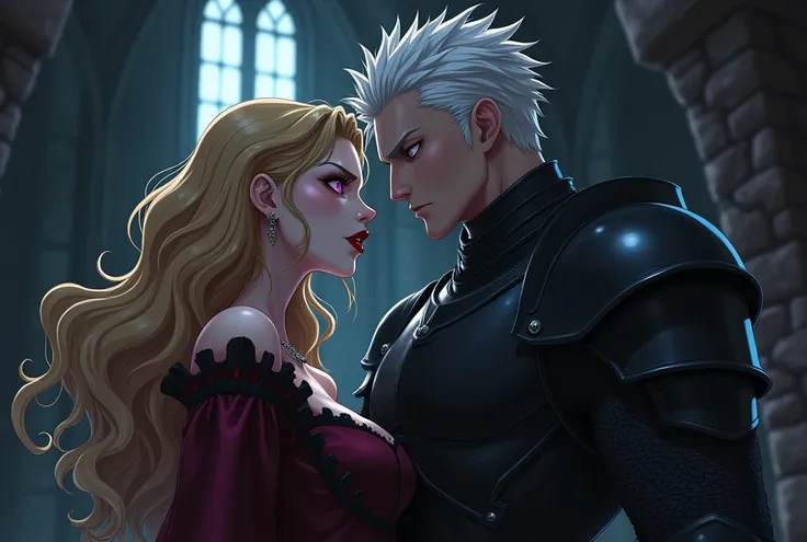 dark gothic game style, semi realistic anime, dark fantasy, two characters, in a dark gothic castle, profile position, man seducing the women 
first : vampire, beautiful women, blond wavy hair, red eyes, gothic dress, dark red lips, smug expression, visibl...