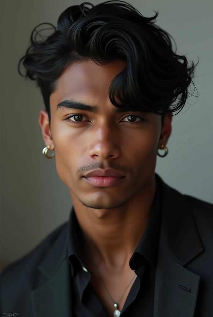 Create a 22-year-old boy , 1.83cm , grey eyes, black wavy hair,  dark-skinned and upper-middle class