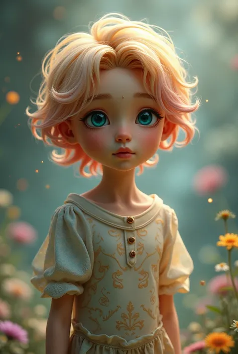 Figure of a boy born between a young man with brown skin, golden hair, and brave sky blue eyes, and a girl with pink hair and gentle sky blue eyes