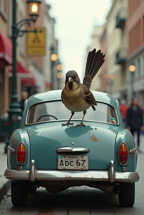 A bird peeing on a license plate of a car