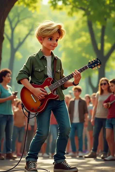 Boy Who Is Blonde And Attractive With An Electric Guitar ,  Is Playing Some Songs In The Park To Get Him Money 