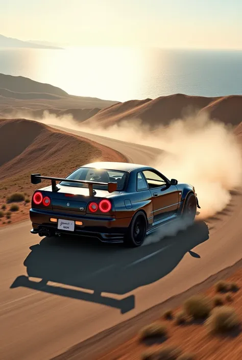 NISSAN SKALYNE GR-R R34 DRIFTING ON A ROAD IN THE MIDDLE OF THE DESERT AND AT SEA