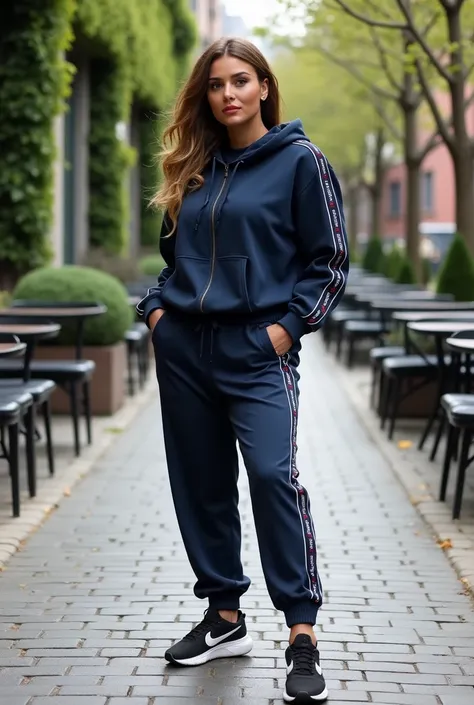 "A photo of a stylish woman with a well-proportioned figure, approximately size L, exuding confidence and elegance. She is wearing a modern two-piece tracksuit made from lightweight two-thread fabric without fleece. The tracksuit features a zip-up hoodie w...