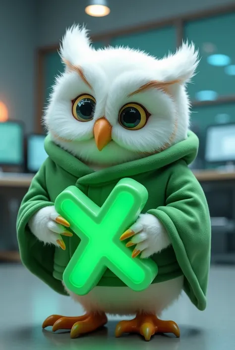 A white owl in a 3D rendered style, wearing green clothes and holding a green acrylic object in the shape of an X. The scene takes place in a futuristic computer lab, with modern equipment and soft lights illuminating the environment. The owl has an intell...