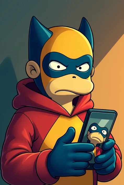 Could you generate images for a comic , To describe this Condorito is at home , looking at his cell phone.  He wears a mask and has a boring expression .  On his cell phone screen there is a video call with his friend Yayita .


