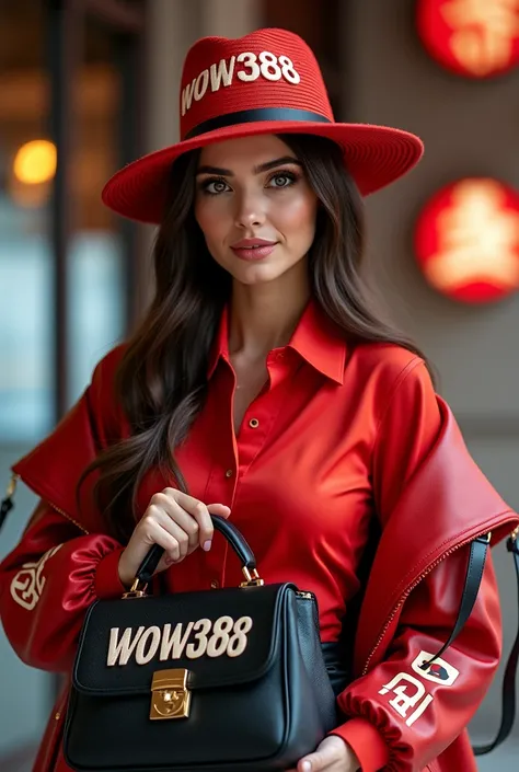 Beautiful woman holding a bag with the logo wow388 and wearing a red shirt and a jacket that says wow388 and a hat that says wow388
