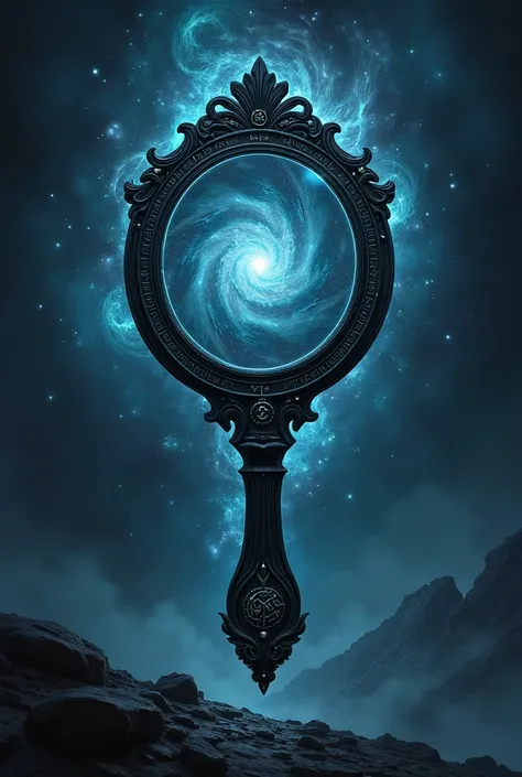 Create the illustration in horizontal format with an impressive background of a black wooden hand mirror that is a magical artifact capable of transporting to other parallel dimensions
