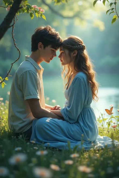 A teenage  boy is sitting on ground and rest in peace ...around fantasy environment near a small beautiful lake with beautiful princess nature ...there are some small animals ...there is a beautiful teenage girl with him..both ara wearing light blue cloths...