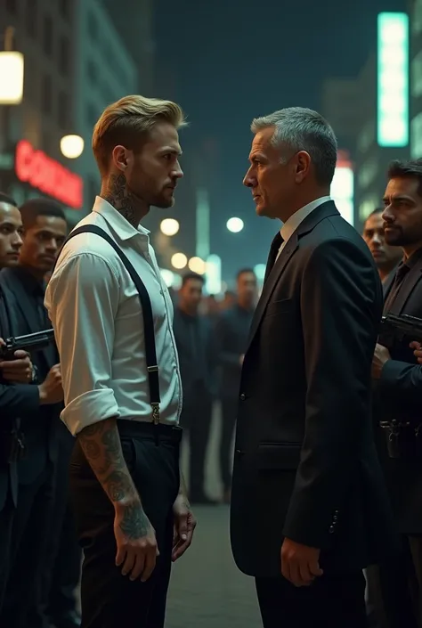 Dangerous men dressed in elegant black suits.

 A group on one side and another group on the other, ambos estão  face to face , Rivals , mafiosos Rivals , Enemy,  face to face  ,  they are in an urban area , night, armed, ((The leader is a handsome blond m...