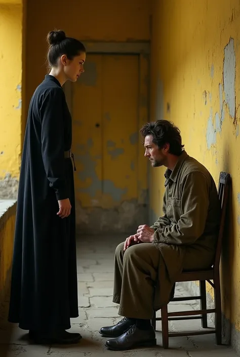 Mother with a worried face and black clothes 
 Talking with an adult son who is sitting looking at the floor in old clothes in a yellow house setting in ancient times inside the house the mother standing 
