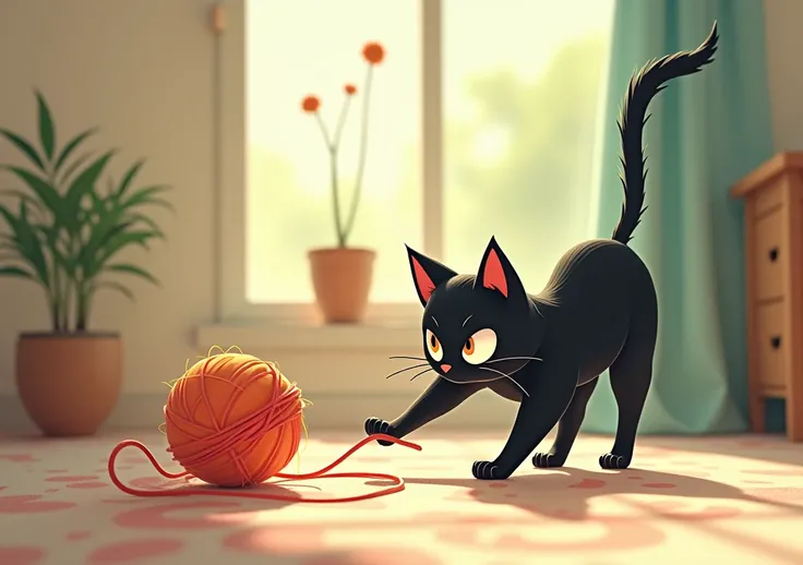 black cat playing with a ball of thread,  a pattern in delicate tumblr colors , Modern,  animated film , studio ghibli sunlight, Ghibli studio aesthetics , Hayao Miyazaki Style, in lo-fi style 