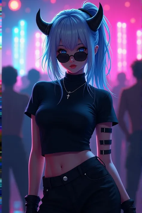 Demon Girl hair color blue white turtleneck t-shirt color black ripped gloves sunglasses black cargo pants white sneakers silver cross necklace in an afterparty with lots of lights