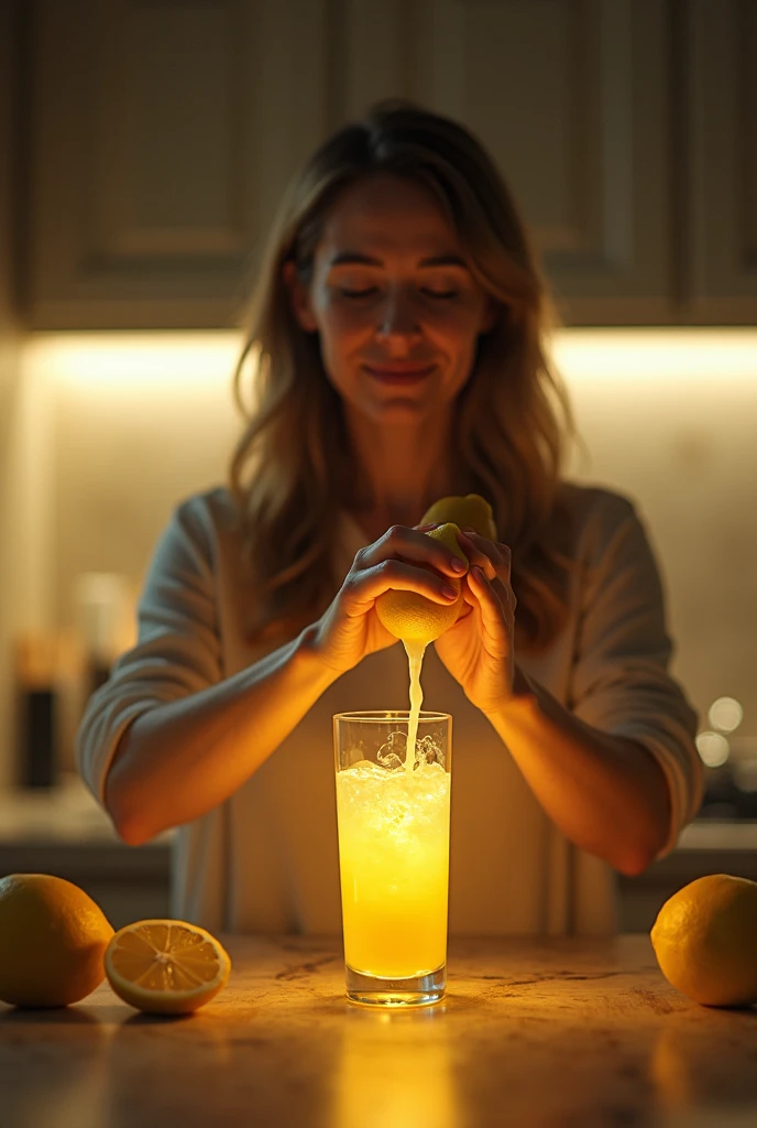  Enlighten a person in the kitchen with a lemon and a glass of water on the counter, Making lemon juice 