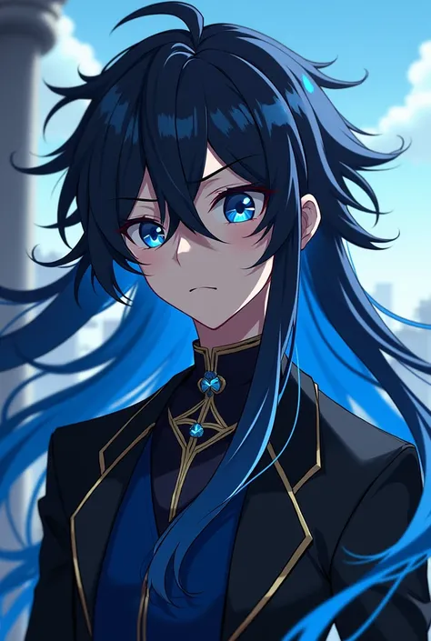  animated character with long black and blue hair, Little eyes and may it be a man  