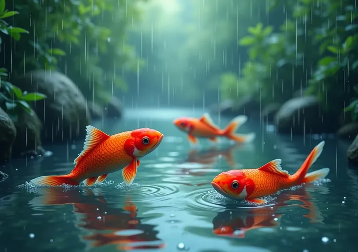  a stream with red koi fish swimming in it,  its raining and you can see raindrops in the stream , delicate colors,  anime drawing , Hayao Miyazaki, low file 