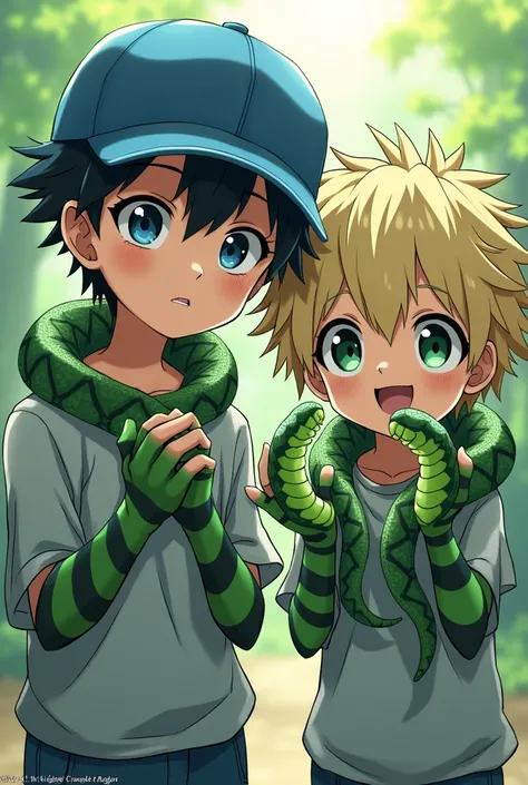  made in an anime style two young boys ，Their hands and feet all turn into green snake scales with black stripes，Head Maintains Human Skin，Their hair is finely fragmented. The color of the cap is blue 。