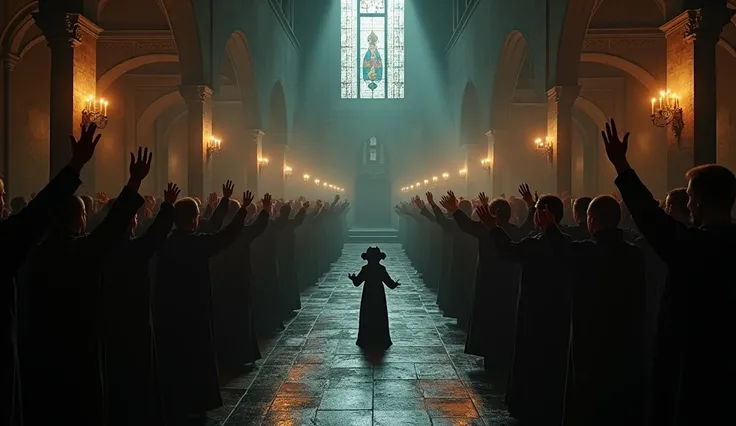 Scene of an exorcism inside a church at night , A small black monster was in the middle of the circle of people,  and some of the faithful had their hands raised on it .