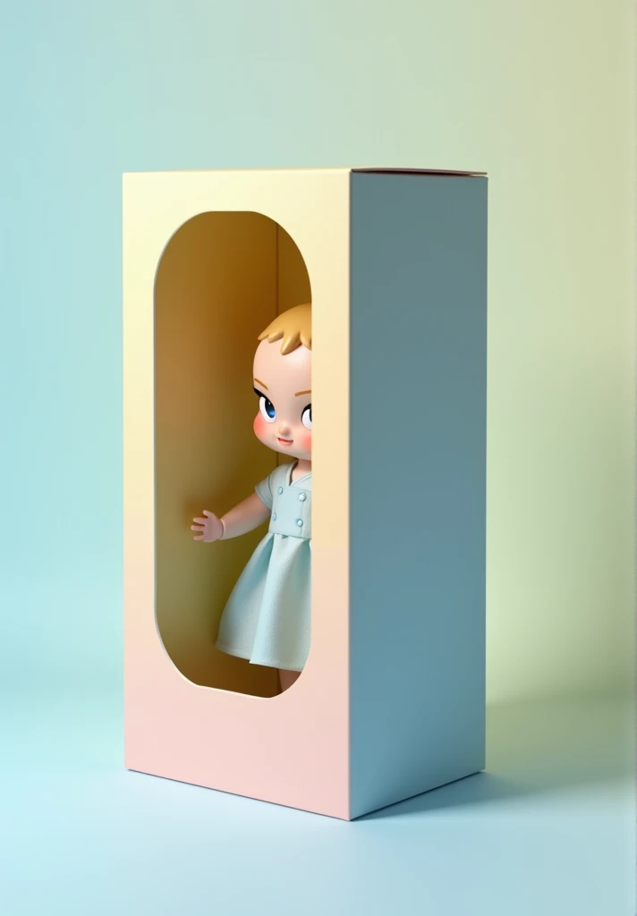 create a modern packaging design for the 15 cm 3D doll box, featuring the picture i have provide. It incorporates sleek pastel tones, a soft gradient, and a stylish, minimalistic aesthetic. make it more adorable with blue and yellow color. concept art toy....