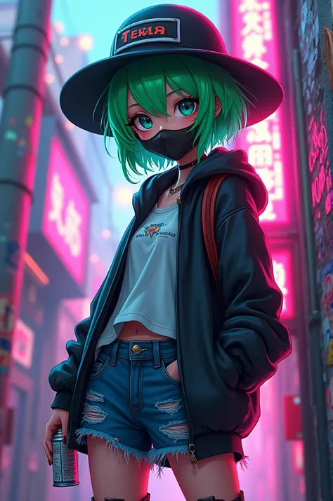  Skinny anime girl with hat and mask, roasted fine, holding a spray,  messy green hair, Neon pink and blue street background , stickers, ( hoodie,  t-shirt, worn-out denim shorts) I want to