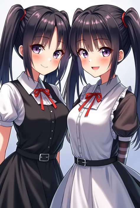 two girls in black and white dresses posing for a picture, beautiful gemini twins portrait, two beautiful anime girls, with black pigtails, beautiful sci - fi twins, twintails, trending on cgstation, twintails hairstyle, beautiful gemini twins, loli, angrl...