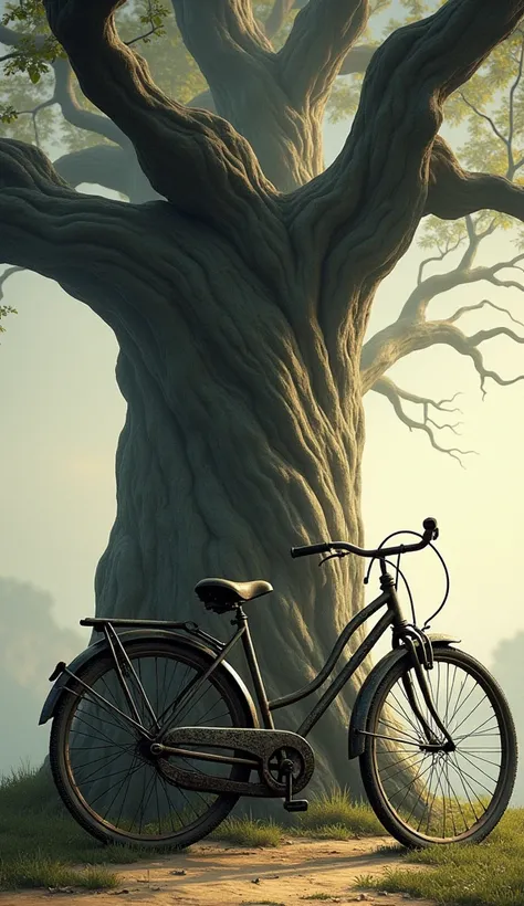 a bicycle in front of an old tree