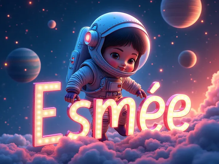 Create a poster extremely detailed of astronaut with letter-by-letter writing le prénom "ESMEE" en français. dans un style Disney 4D. LÉCRITURE DOIT ÊTRE BIEN VISIBLE. 
Thème ciel et étoiles