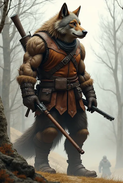 wolf, wolfsmann,  brown gray fur ,  brown leather vest on ,  has a belt ,  a shoulder bag facing right,  pistol on his belt ,  rifle on back 