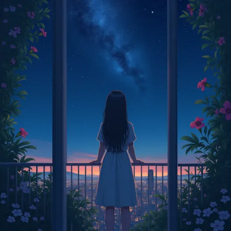 a woman looking up at the night sky over a balcony with flowers, space art, night time with starry sky, girl looks at the space, beauttiful stars, many stars in sky