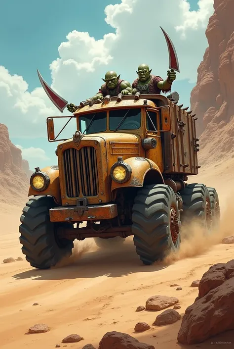  A band of orcs driving a truck patched up with other pieces of vehicles and blades in the Desert, All in a post-apocalyptic aesthetic . Avec un style dessin de fantasy