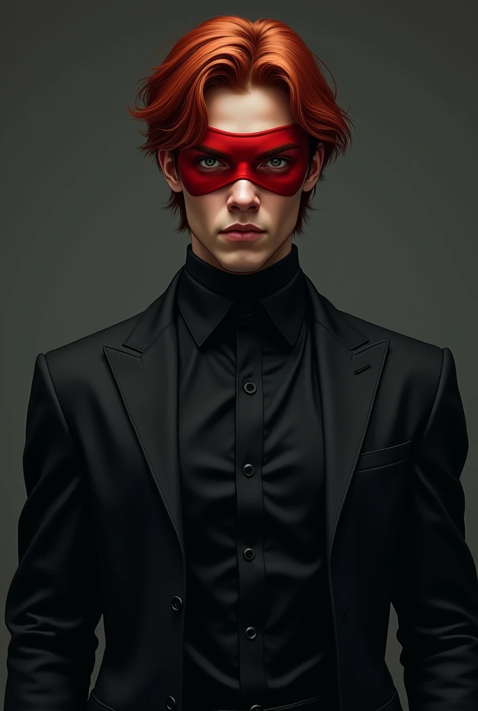  creates a 22-year-old grey-eyed hero in a black suit, medium red hair, Poorly tanned skin with red mask 