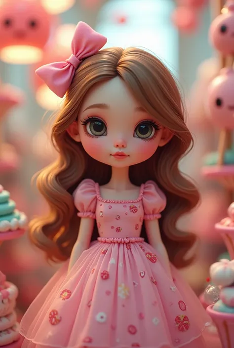 a close up of a doll , clear eyes, pink princess sleeve dress with candy print,  wears a pink ribbon in her hair , long wavy hair,  standing in a candy store and rides , Nice 3D rendering,  Beautiful detailed digital art , stylized 3d, Adorable Digital Pai...