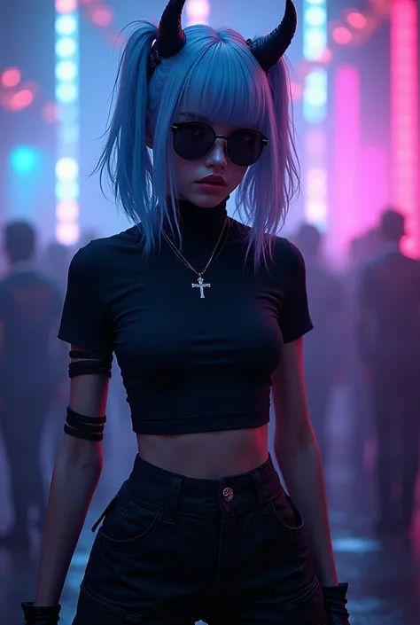 Demon Girl hair color blue white turtleneck t-shirt color black ripped gloves sunglasses black cargo pants white sneakers silver cross necklace in an afterparty with lots of lights