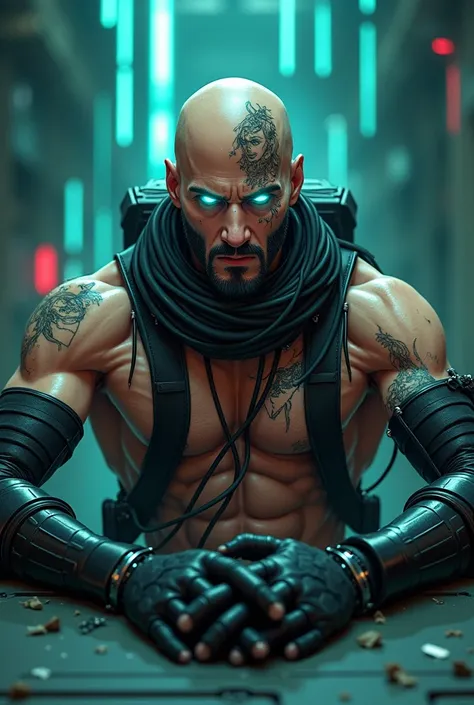  mecha anorexic keanu reeves with beard hungry young and face tatoo as cyber pilot sitting in guandam pit , matrix , cyber tubes in spine , raging , tech , robot , cockpit , cyberpunk , robots , no shirt , tubes in chest , bald , tubes in head anorexic kea...