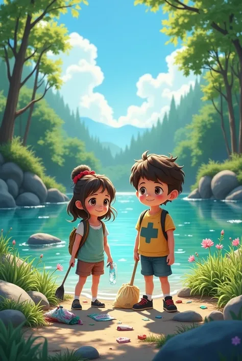 An image of a boy and a girl picking up garbage next to a clean and healthy river, with crystal clear water and a natural landscape .