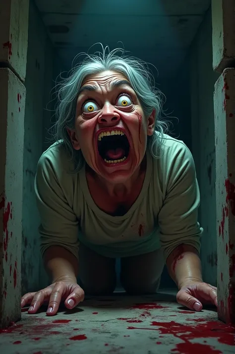  a middle-aged woman , WITH MUCH BLOOD, Stuck in the basement and with a terrifying face.  realistic cartoon style