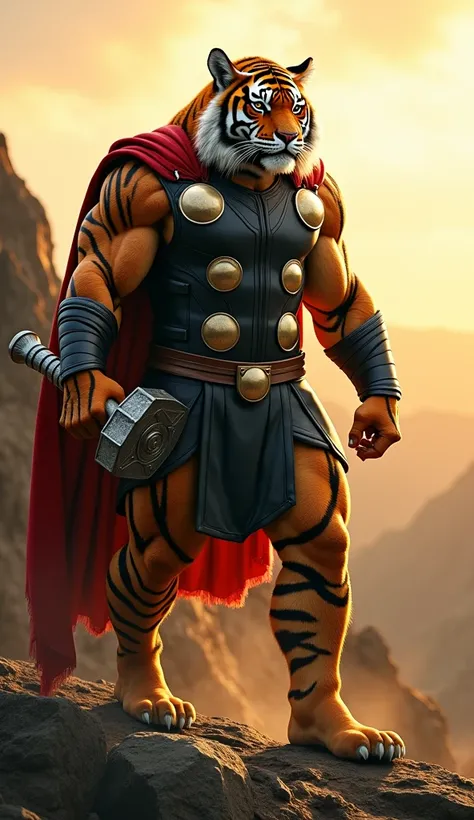 A full-body, realistic hybrid creature combining Thor from the Avengers and a tiger, set against the same natural, rugged landscape at dawn. The hybrid has the muscular, majestic build of a tiger, with vibrant orange and black striped fur, seamlessly integ...