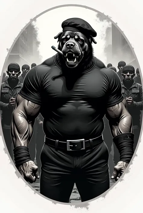  Give me a round emblem in the style of organized crowd ,  inside that emblem I want a mutant muscular man with the head of a rotweiller  ,  with black clothes and his black beret , And a mobster-style cigar in the mouth 