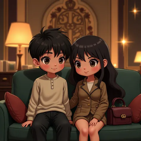 "A cute  chibi-style illustration of a young boy and girl sitting side by side on a luxurious couch in a dimly lit lounge. The boy has mid-length dark hair, styled naturally, and a gentle expression. He wears a creamy white henley shirt and dark trousers. ...